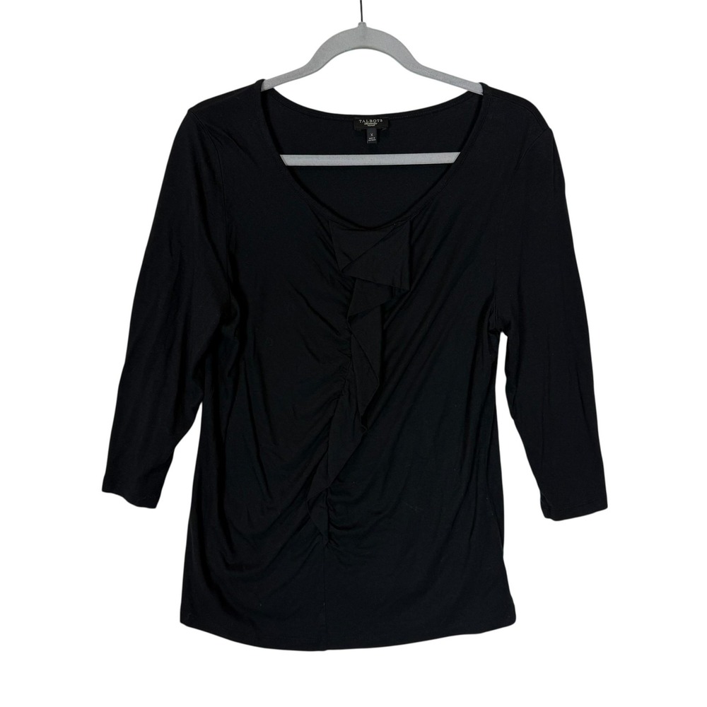 Talbots Blouse Womens 1X Black V Neck 3/4 Sleeve Ruffle Front Jersey Stretch Top